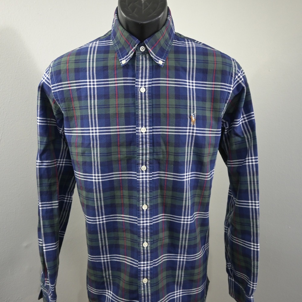 Ralph Lauren Button Up Mens M Classic Fit Blue Green Plaid Long Sleeve Pony Logo - Picture 12 of 12